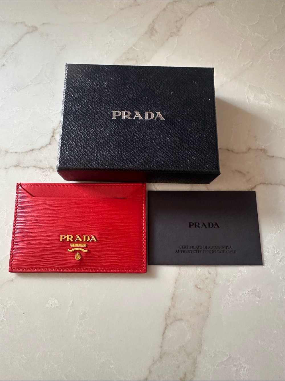 Prada Red Saffiano Leather Card & Key Holder with Gold Logo